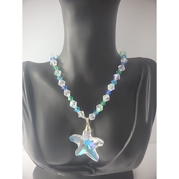 Vintage Necklace Beaded Iridescent Pendant Star Woman Jewelry Costume - Picture 1 of 11